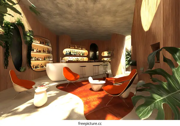 Modern Bar Interior Design with Wooden Walls and Orange Chairs