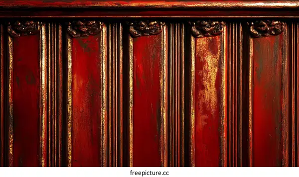 Vintage Red Wood Paneling with Gold Accents