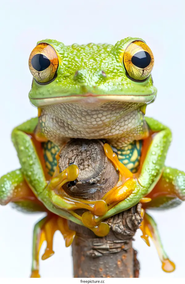 A green frog on a branch