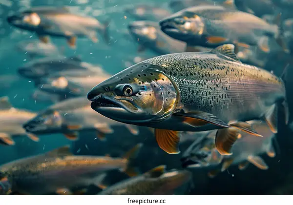 A school of fish swims in the ocean.
