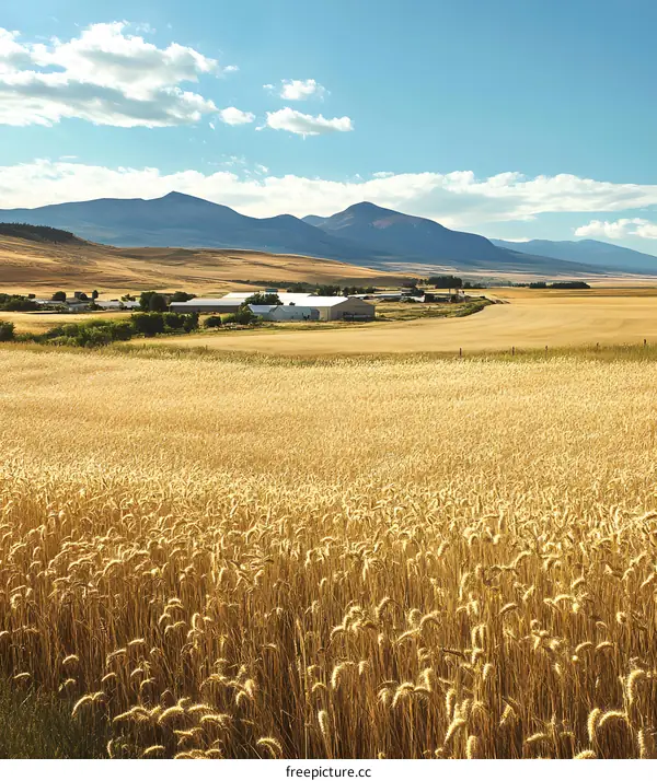Golden Wheat Field with Mountain Background in Montana