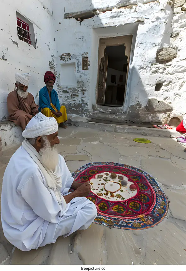 Three Men Sitting On The Floor Playing A Game With Stones