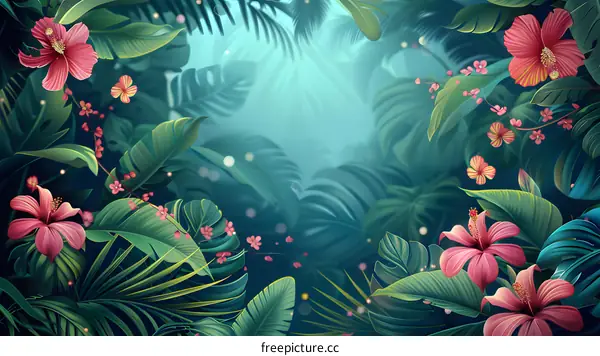 A lush tropical rainforest landscape illustration