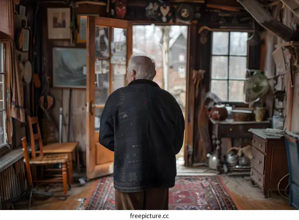 An old man standing in a room with a lot of stuff