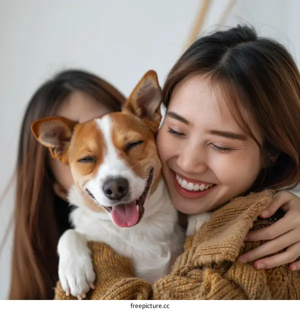 Two young Asian women hugging a small dog with their eyes closed