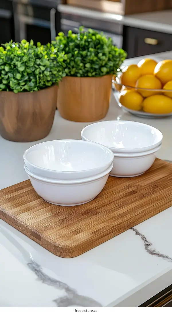 White Bowls on Wooden Cutting Board in Kitchen