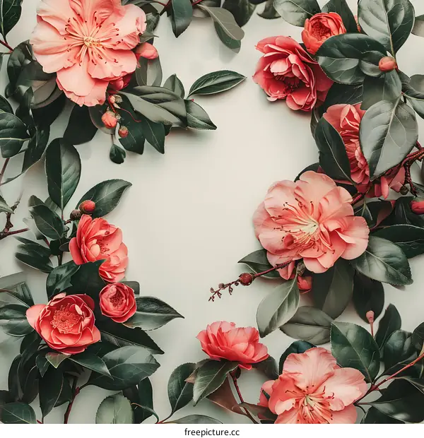 Floral Frame with Pink Flowers and Green Leaves