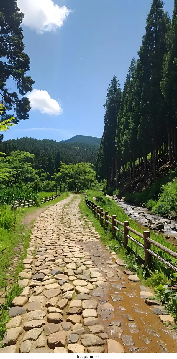 A stone path winds through a forest