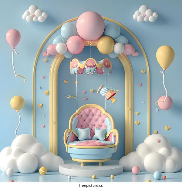 Cute Cartoon Style Chair With Balloons and Clouds