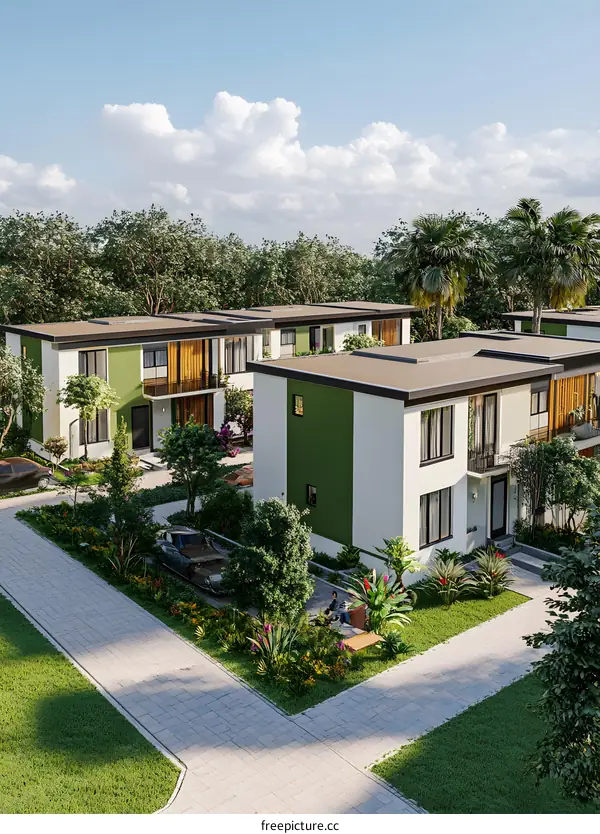 Modern Green Minimalist Townhouses With Palm Trees and Lush Landscaping