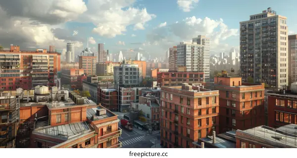 Cityscape of New York City with Tall Buildings, Blue Sky, and White Clouds