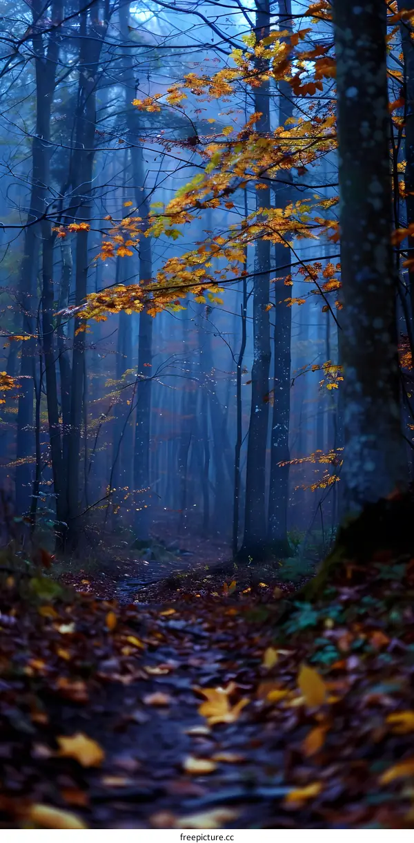 Misty Forest Path with Golden Leaves in Autumn