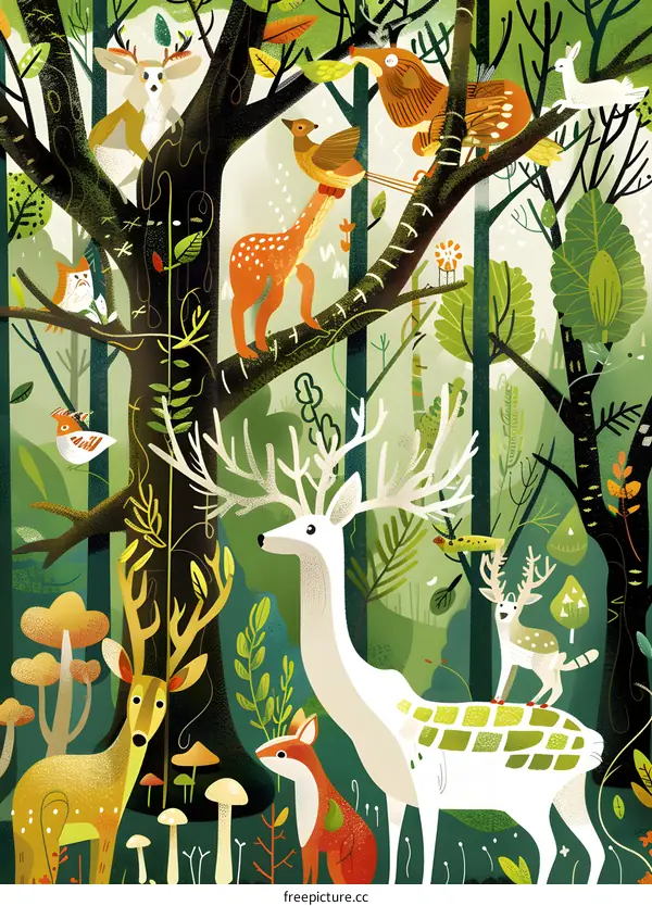 Colorful Illustration of a Forest with Deer, Birds, and Mushrooms