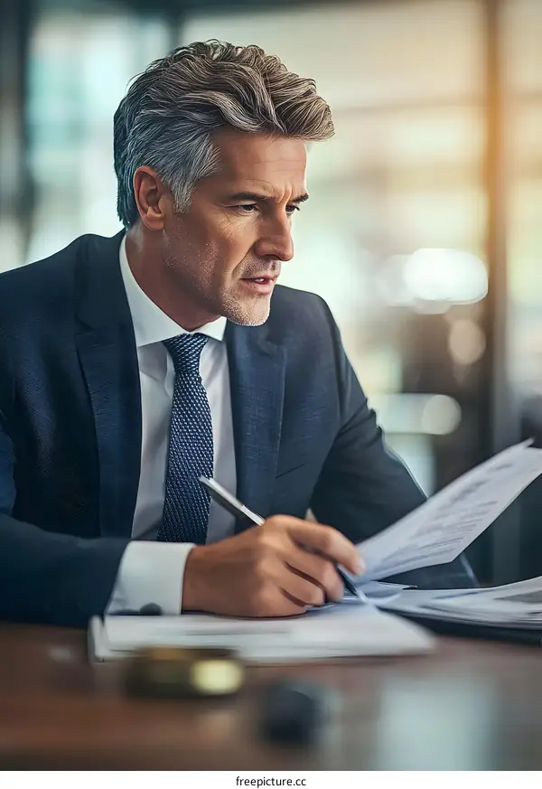 Businessman reviewing documents at his desk