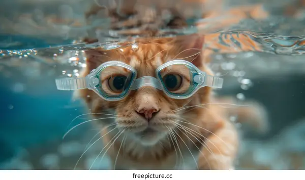 An orange cat wearing swimming goggles is swimming underwater