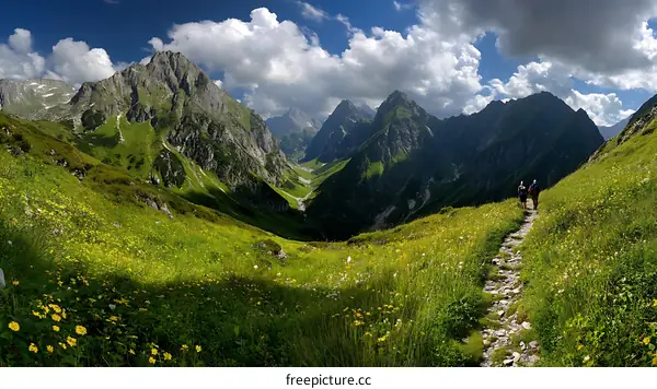 Mountain Hiking Trail with Tourists in Alpine Meadows