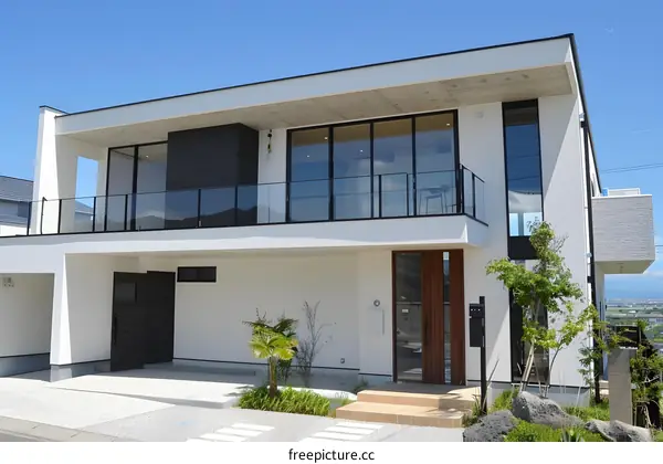 Modern White House with Glass Balcony and Wooden Door