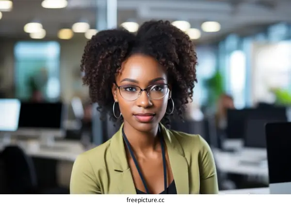 Portrait of a young African-American woman in a green blazer and glasses standing in an office environment