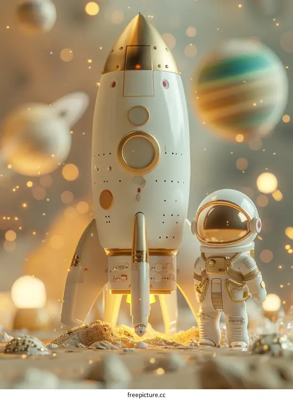 Golden Astronaut on Spacewalk with Rocket