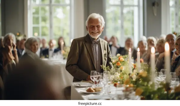 An elderly man giving a speech at a wedding reception