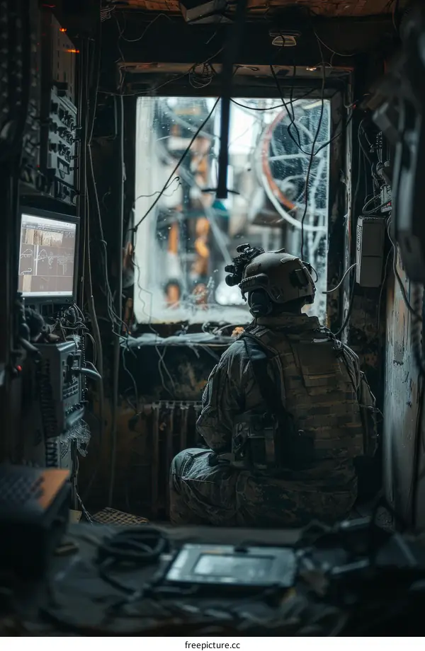 Soldier looking out window in destroyed building