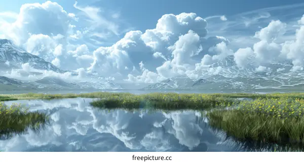 Lake and Mountains with Grassland