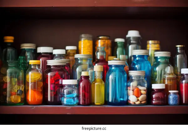 Colorful medicine bottles on a shelf
