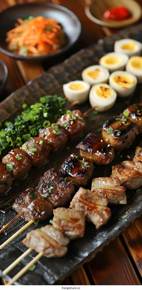 meat skewers on a plate with eggs and vegetables