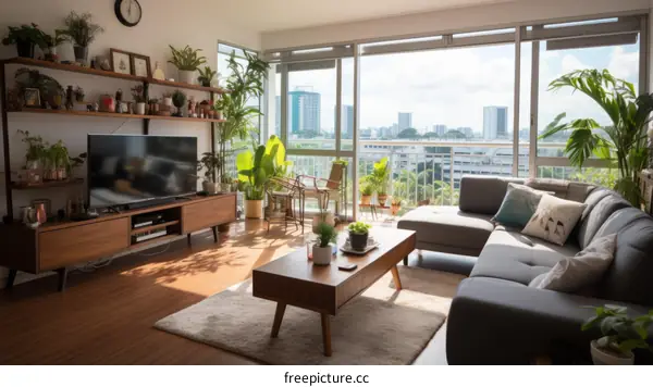 A bright and airy living room with a large window and a view of the city