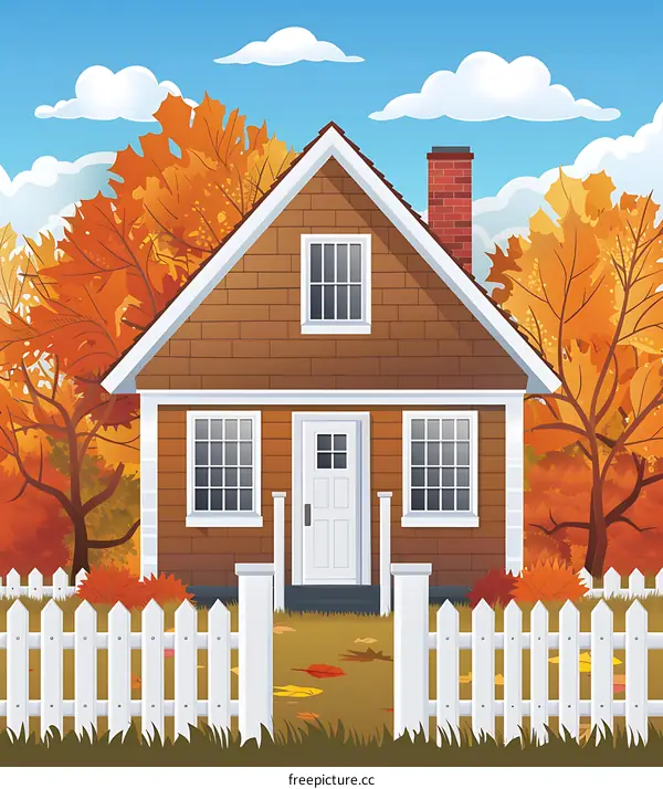 Brown House with White Fence in Autumn