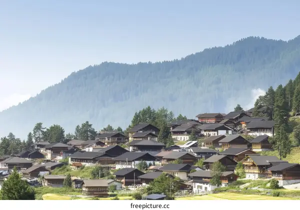Mountain Village Landscape with Traditional Wooden Houses