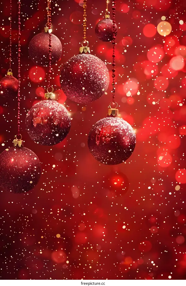 Red Christmas ornaments hanging in front of a red bokeh background