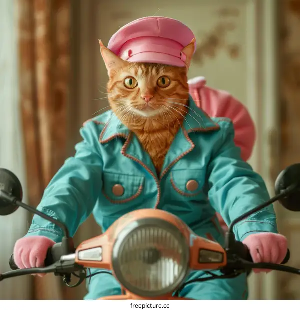 A Ginger Cat Riding a Scooter in a Stylish Outfit