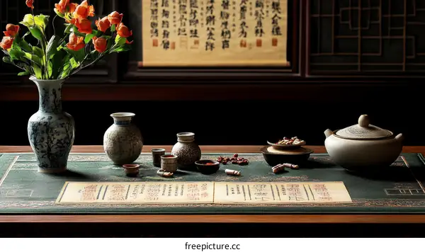 Traditional Chinese Medicine Table Setting with Decorative Elements