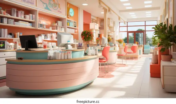 The interior of a modern pharmacy with a pink and blue color scheme