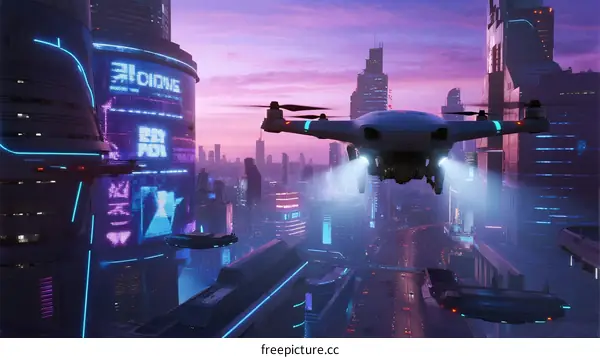 Futuristic Drone Flying Over Neon-Lit Urban Cityscape at Dusk