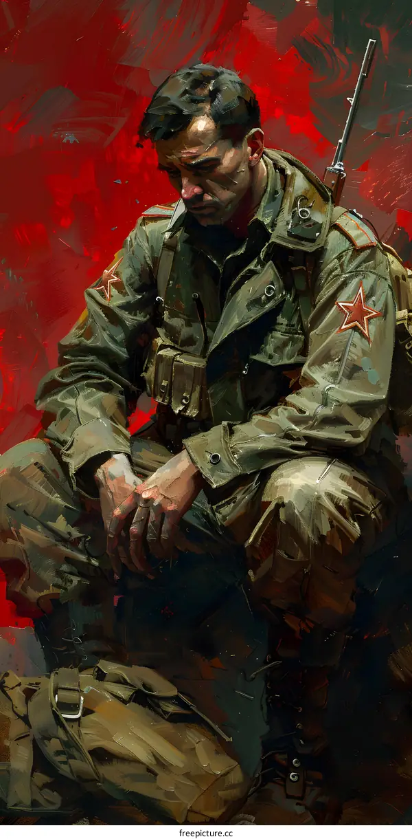 A soldier sits on the ground with his head in his hands