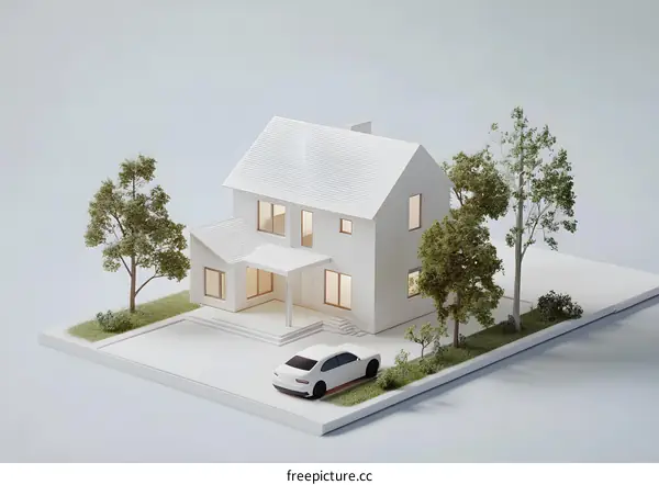 White Minimalist House Model with Trees and Car