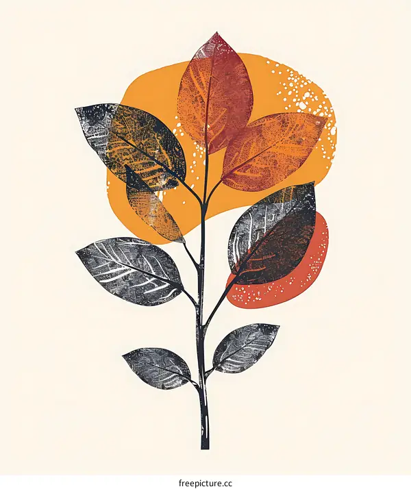 Abstract Plant Illustration with Leaves and Orange Background