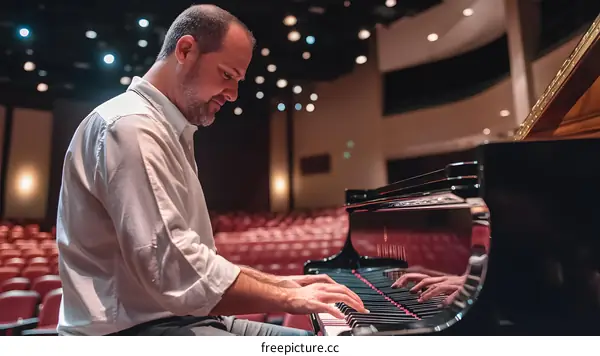 Man Playing Piano in Concert Hall