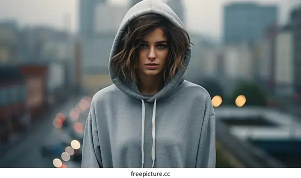 Portrait of a young woman in a gray hoodie looking at the camera with a serious expression