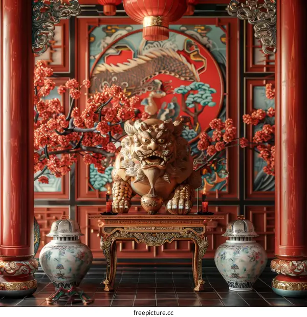 Chinese guardian lions in a serene courtyard