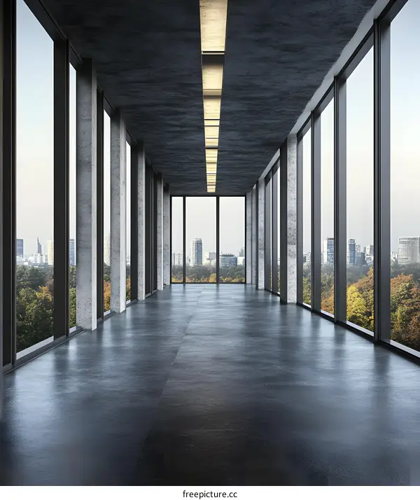 Modern Minimalist Office Corridor with City View