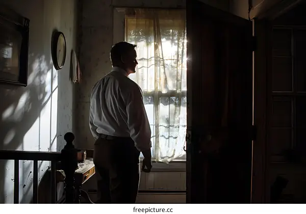 man standing in a dark room looking out the window