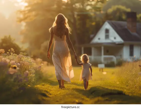 Warm Sunset Stroll with Mother and Daughter