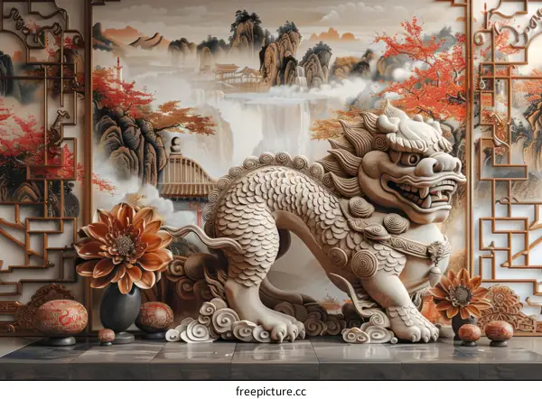 Chinese Guardian Lion Stone Sculpture