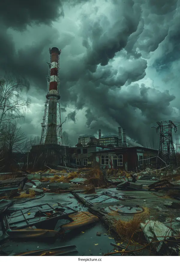 Abandoned Industrial Site Under Gloomy Sky