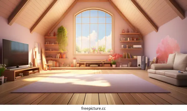 Cozy and bright attic room with large windows
