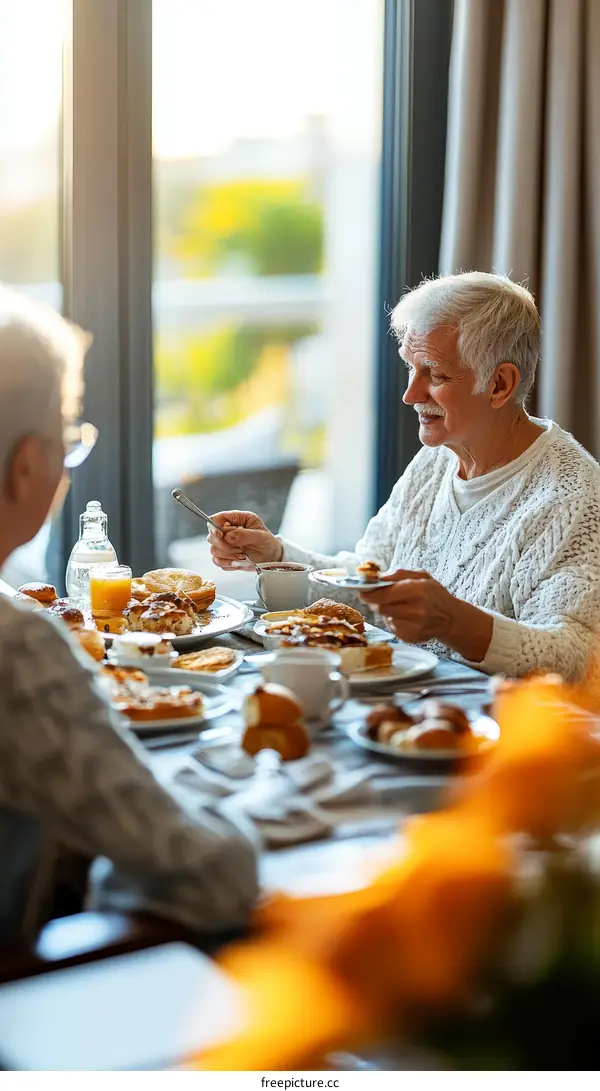 Elderly people enjoying a delightful breakfast