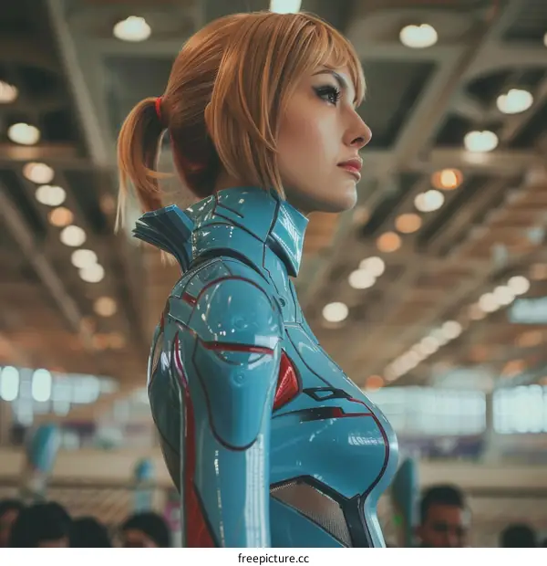 Portrait of a young woman in a blue and red bodysuit